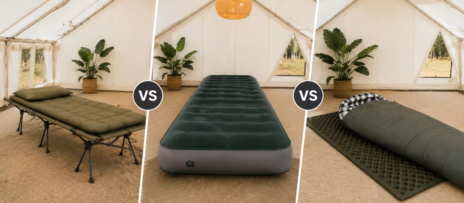 Camping bedding comparison showing a cot, air mattress, and sleeping pad inside a wall tent.