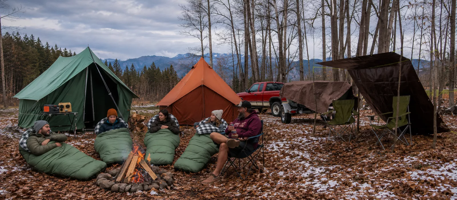 Campers gathered around a campfire with canvas tents, sleeping bags, a tarp shelter, and a trailer covered with a canvas tarp at a scenic woodland campsite