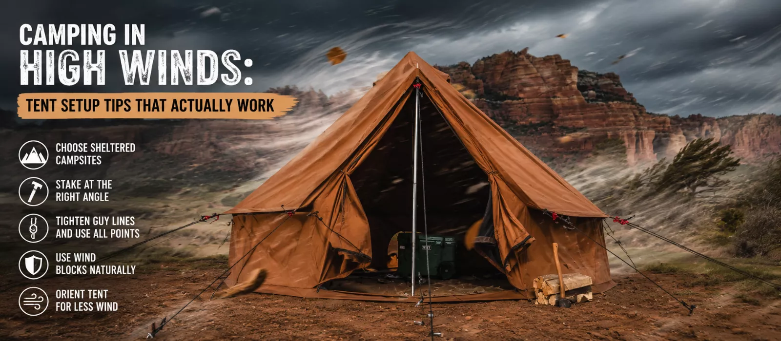 Canvas camping tent securely anchored with guy lines during strong winds, illustrating effective high wind tent setup techniques in a rugged desert campsite
