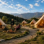 Glamping site with multiple bell tents, outdoor seating, campfire, and mountain views
