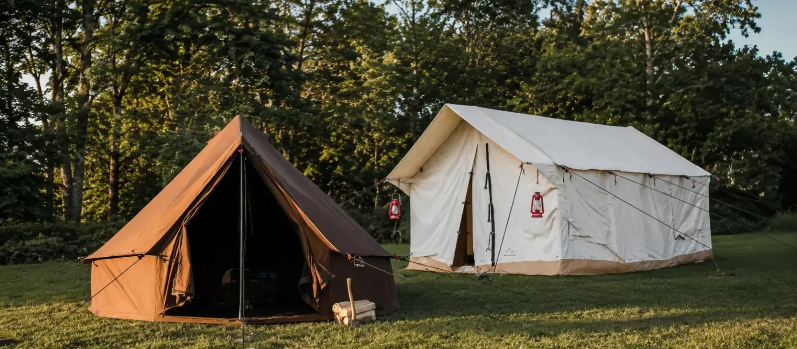 Canvas bell tent and white wall tent at a scenic outdoor camping campsite