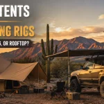 Canvas ground tent and overlanding SUV with rooftop tent and awning at a desert campsite during sunset.