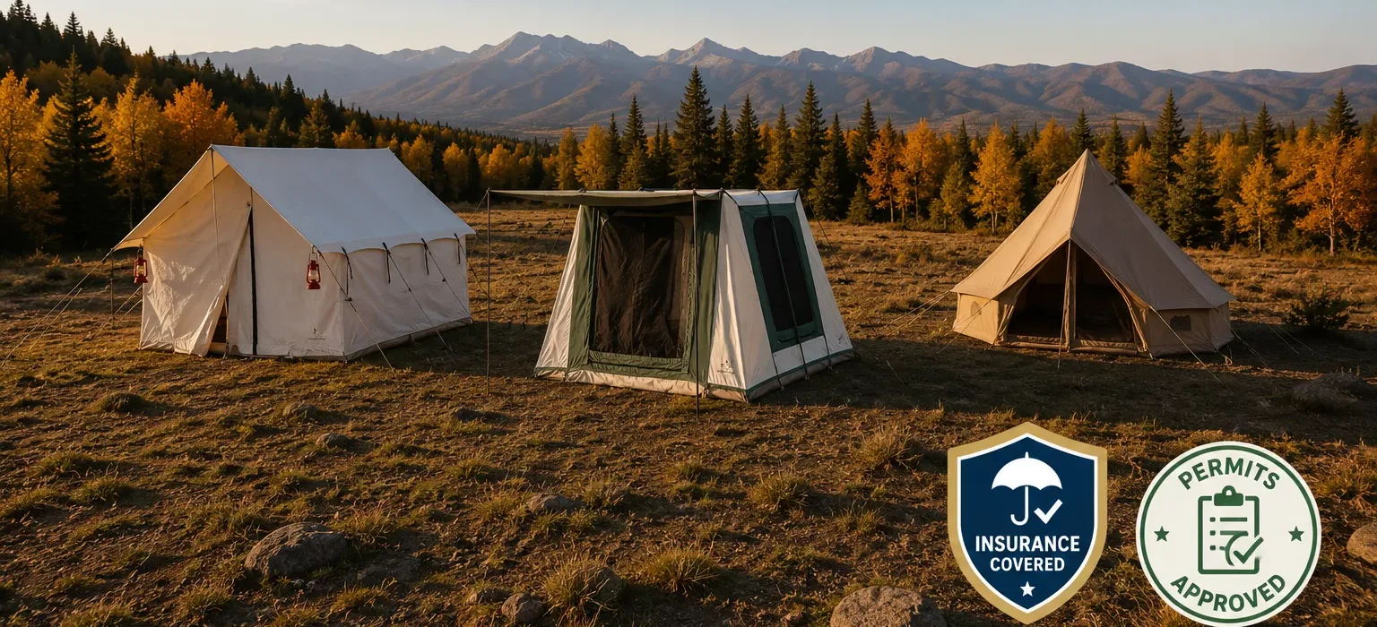 Business tents set up at a scenic campsite with permits and insurance badges