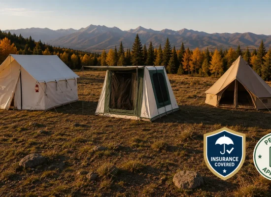 Business tents set up at a scenic campsite with permits and insurance badges