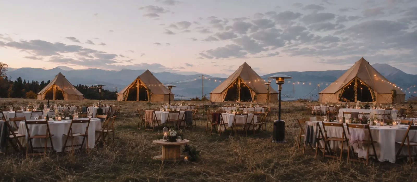 Outdoor wedding event with canvas bell tents, string lights, dining tables, and mountain views