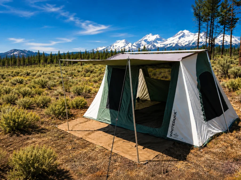 prota canvas cabin tent setup in green field