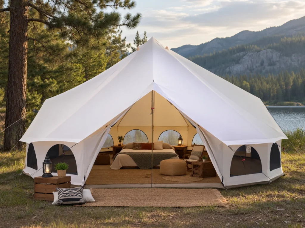 avalon optimus bell tent pitched near lake for glamping