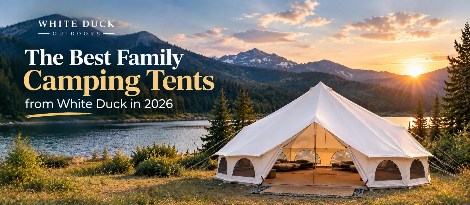 23-foot Avalon Optimus Bell Tent set up for family camping beside a scenic mountain lake