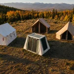 Four canvas tents at a mountain campsite surrounded by autumn forest and distant peaks