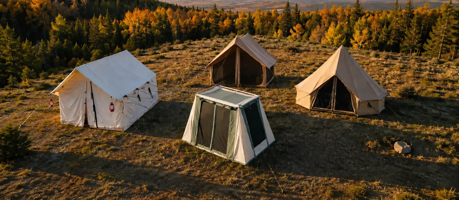 Four canvas tents at a mountain campsite surrounded by autumn forest and distant peaks