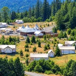 Aerial view of glamping tents in the Pacific Northwest surrounded by pine forest. Image via Google profile.