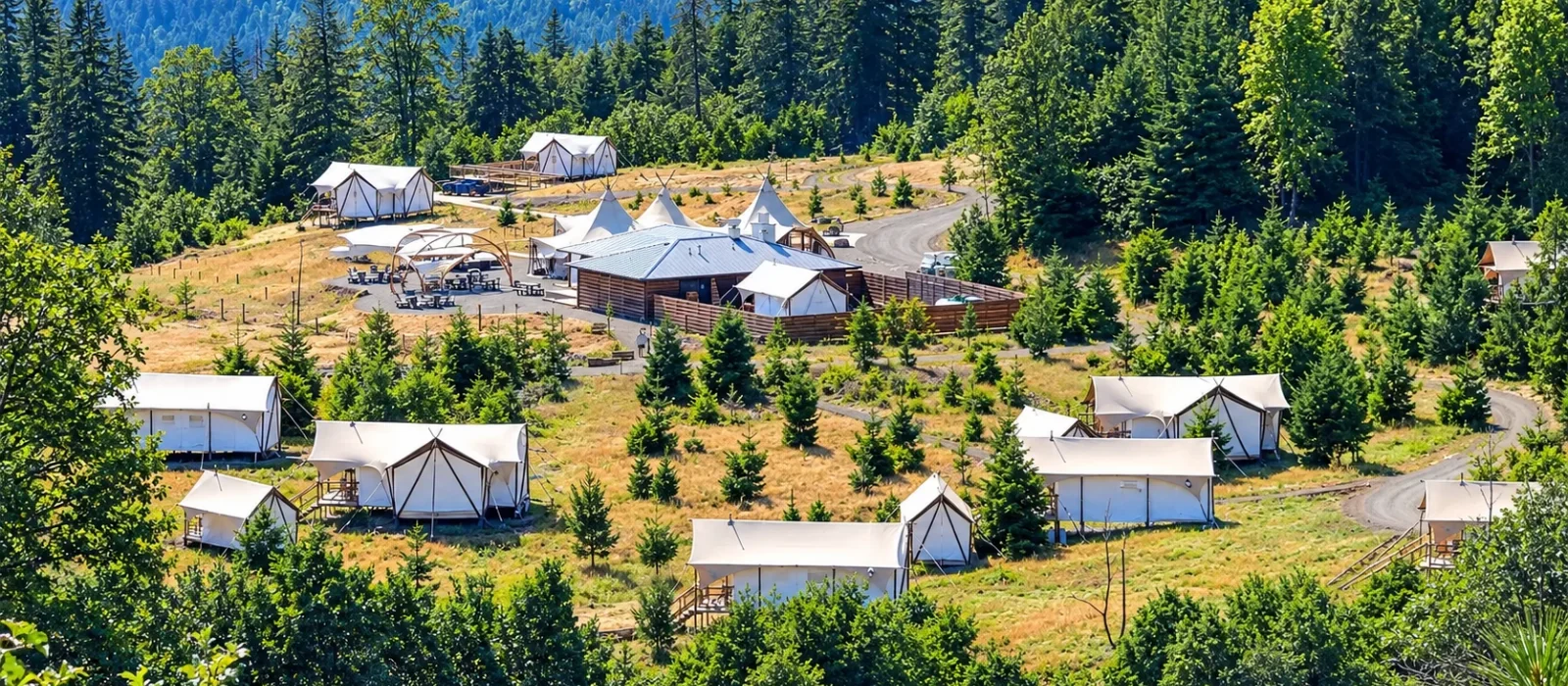 Aerial view of glamping tents in the Pacific Northwest surrounded by pine forest. Image via Google profile.
