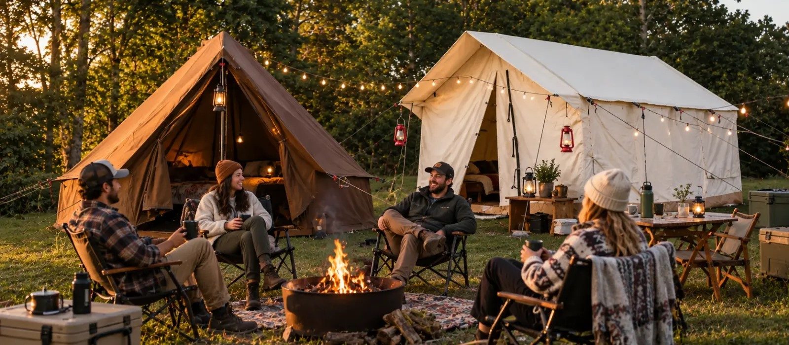Friends enjoying a cozy glamping trip around a campfire with canvas tents and string lights