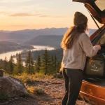 Jess packing camping gear into an SUV at sunset after a solo camping trip
