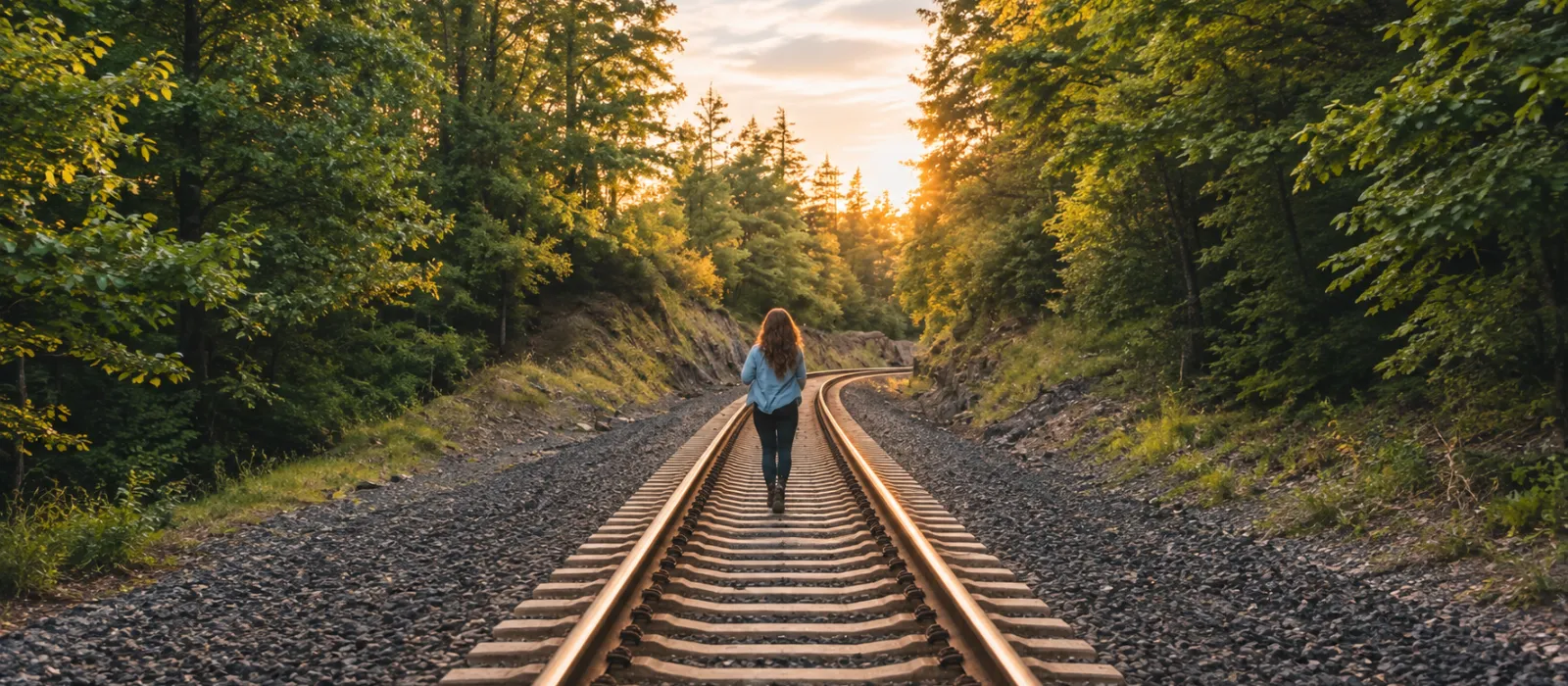 Jess walking alone along railroad tracks through a peaceful forest