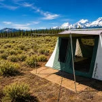 White Duck Prota Cabin Tent set up at a mountain campsite surrounded by pine trees and snow-capped mountains