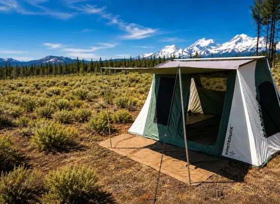 White Duck Prota Cabin Tent set up at a mountain campsite surrounded by pine trees and snow-capped mountains