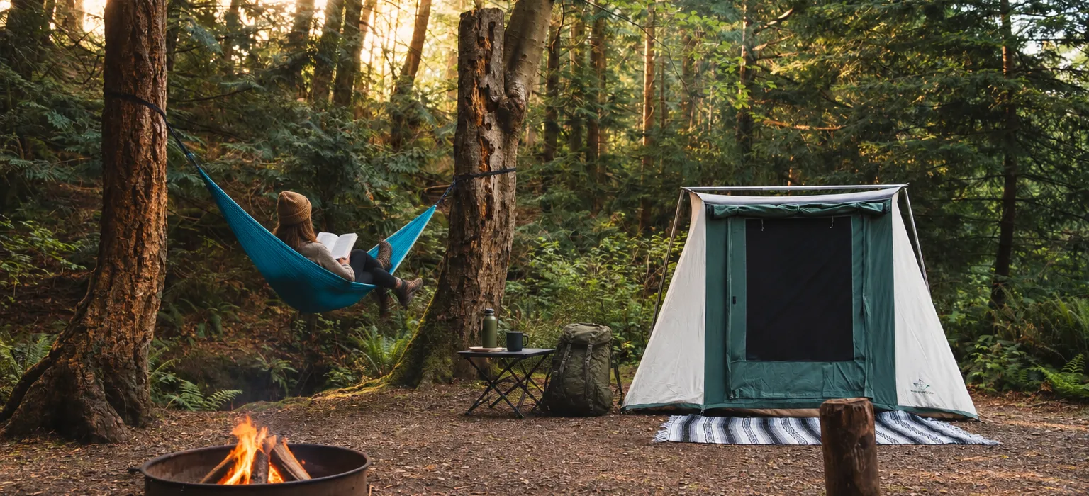 Jess reading in a hammock at a peaceful forest campsite