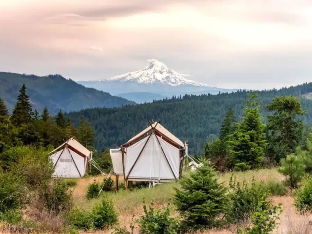 Glamping tents at Under Canvas Columbia River Gorge with a view of a snow-capped mountain. Image via Google profile.