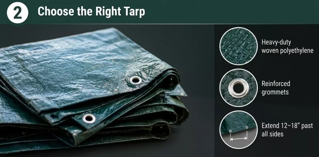Infographic panel titled "2 Choose the Right Tarp" showing a folded green heavy-duty polyethylene tarp with callouts highlighting reinforced grommets and extending 12-18 inches past all sides.