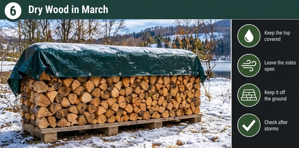 Infographic panel titled "6 Dry Wood in March" showing a winter wood stack with bullet points for keeping top covered, sides open, off ground, and checking after storms.