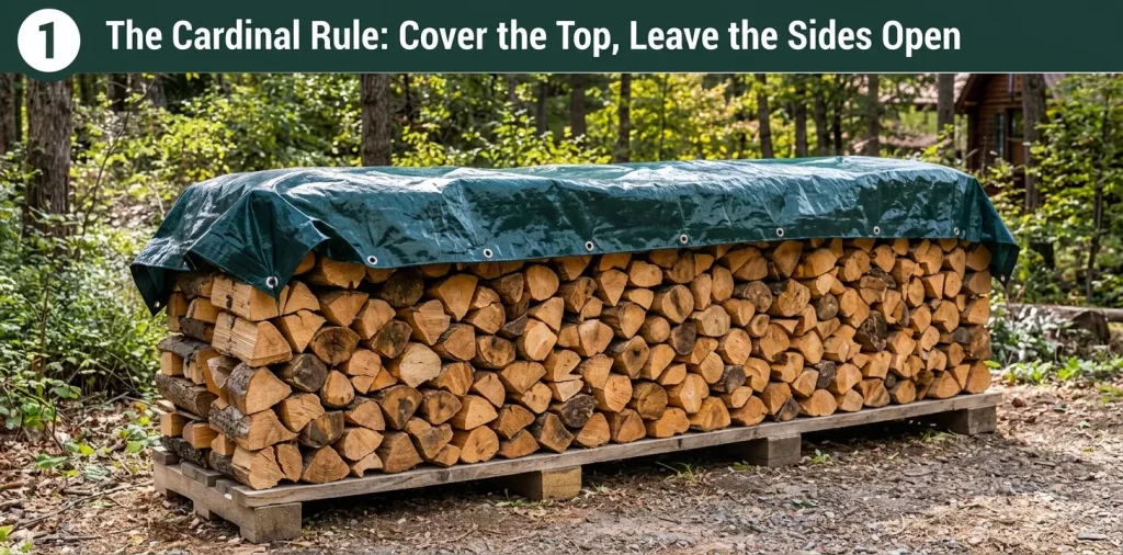 Infographic panel titled "1 The Cardinal Rule: Cover the Top, Leave the Sides Open" displaying a outdoor firewood stack covered with a green tarp along the top while keeping the sides exposed for ventilation.