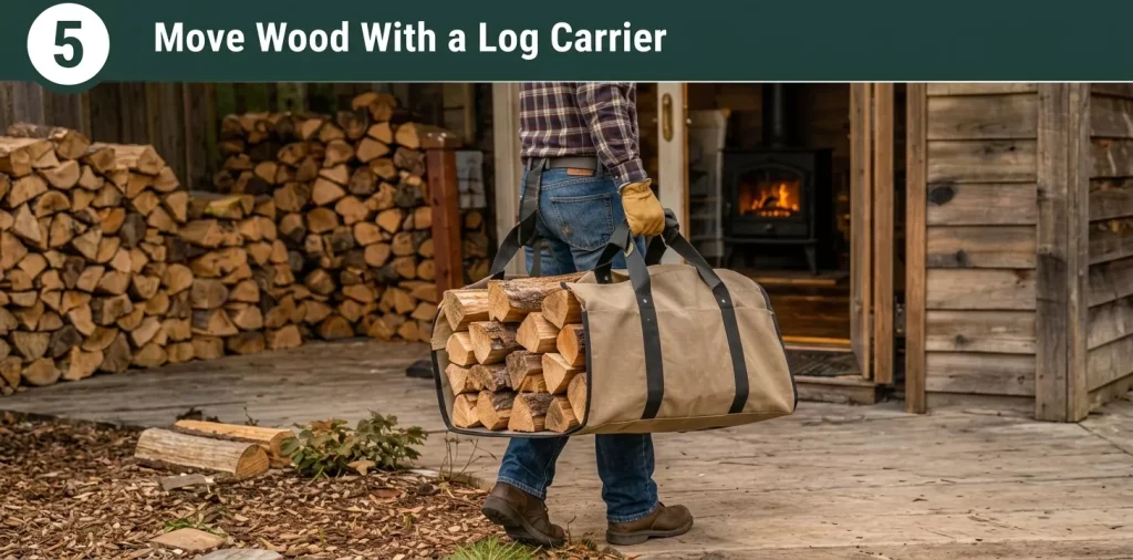Infographic panel titled "5 Move Wood With a Log Carrier" depicting a person carrying a canvas log bag full of split firewood toward a cabin doorway.