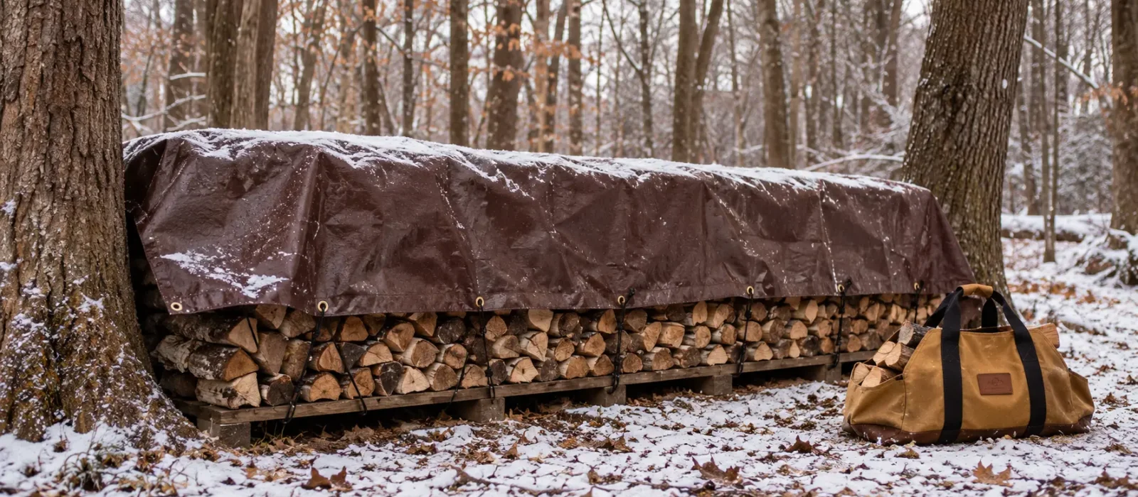 Firewood stack covered with a brown poly tarp to protect logs from snow and winter weather, with a canvas log carrier beside it.