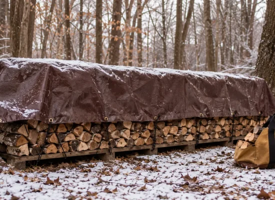 Firewood stack covered with a brown poly tarp to protect logs from snow and winter weather, with a canvas log carrier beside it.