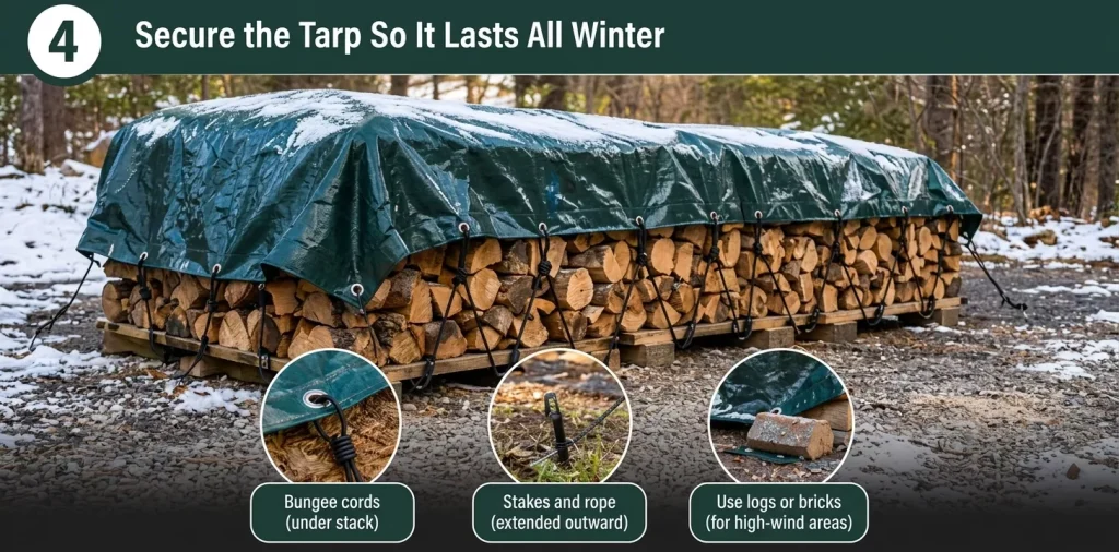 Infographic panel titled "4 Secure the Tarp So It Lasts All Winter" illustrating a covered wood stack in winter with callouts for bungee cords, stakes and rope, and logs or bricks.