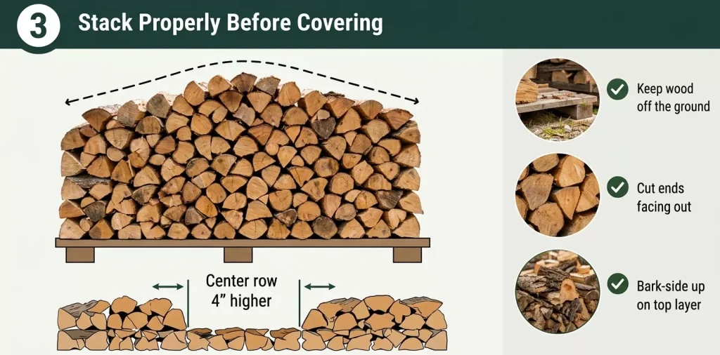 Infographic panel titled "3 Stack Properly Before Covering" featuring stack diagrams with center rows higher, off-the-ground placement, cut ends facing out, and bark-side up on the top layer.